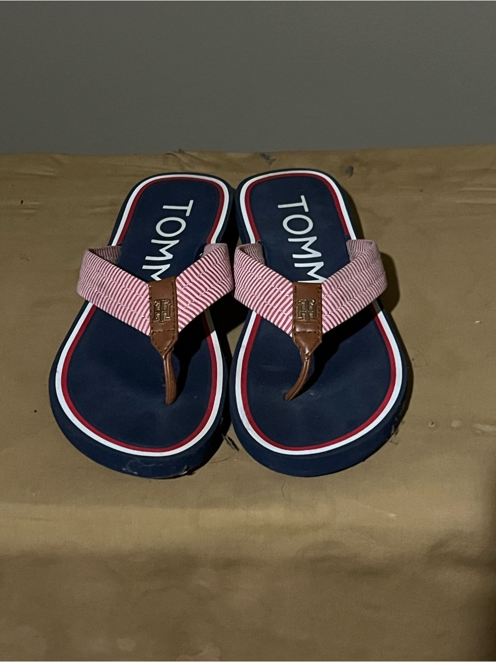 Tommy Hilfiger Navy Footbed Pink Striped Strap Kids Flip Flops